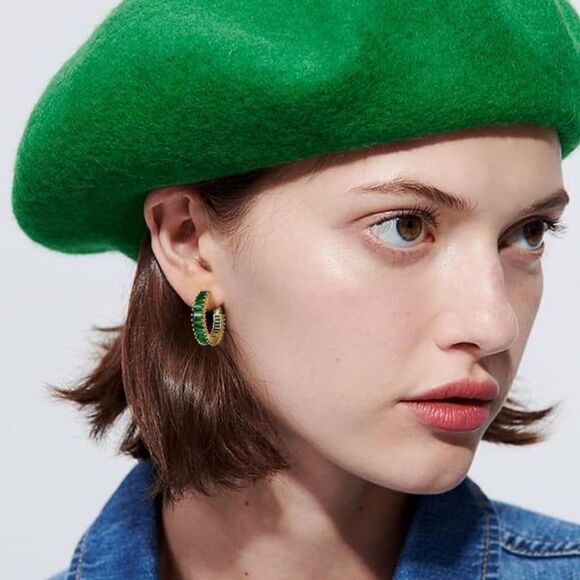 14K Yellow Gold with Emerald Green Cubic Zirconia Drop Hoop Leverback Earrings - Picture 5 of 7